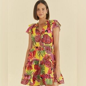 FARM Rio Fruit Dream Ruffle Cotton Mini Dress Tropical Vacation